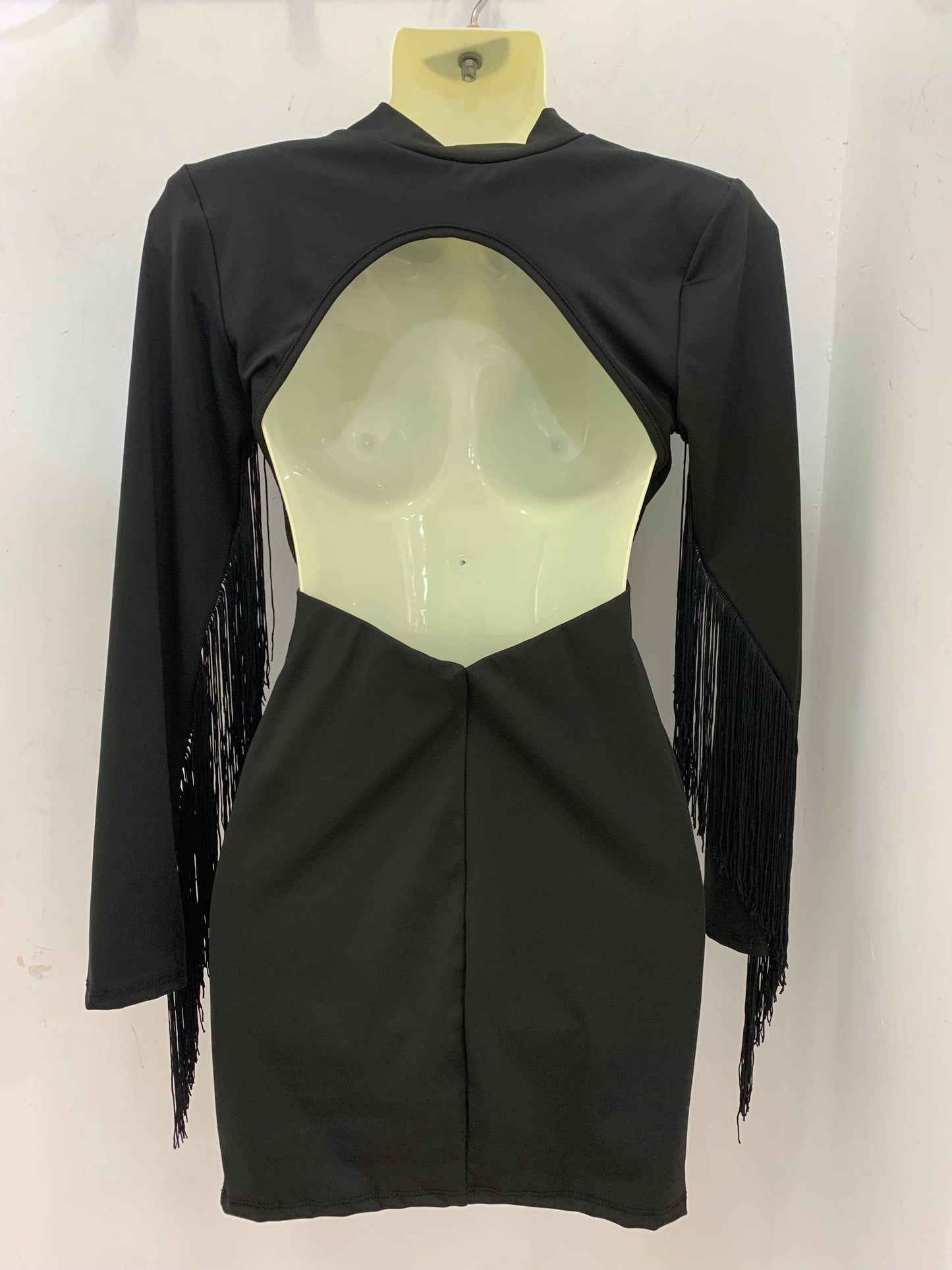 Vestido Corto Negro Manga Larga Flecos