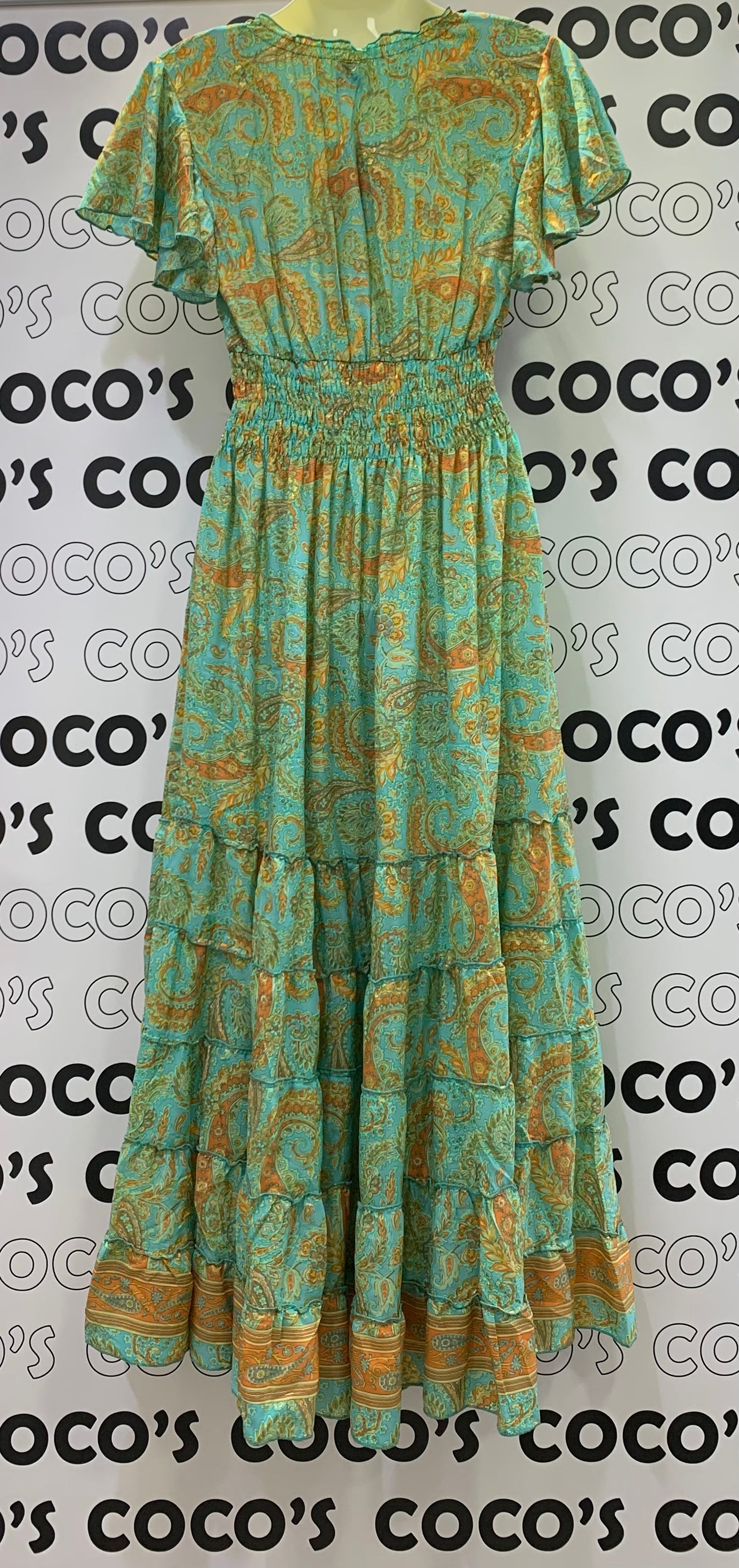 Vestido 1023A Verde Agua y Naranja Cachemira