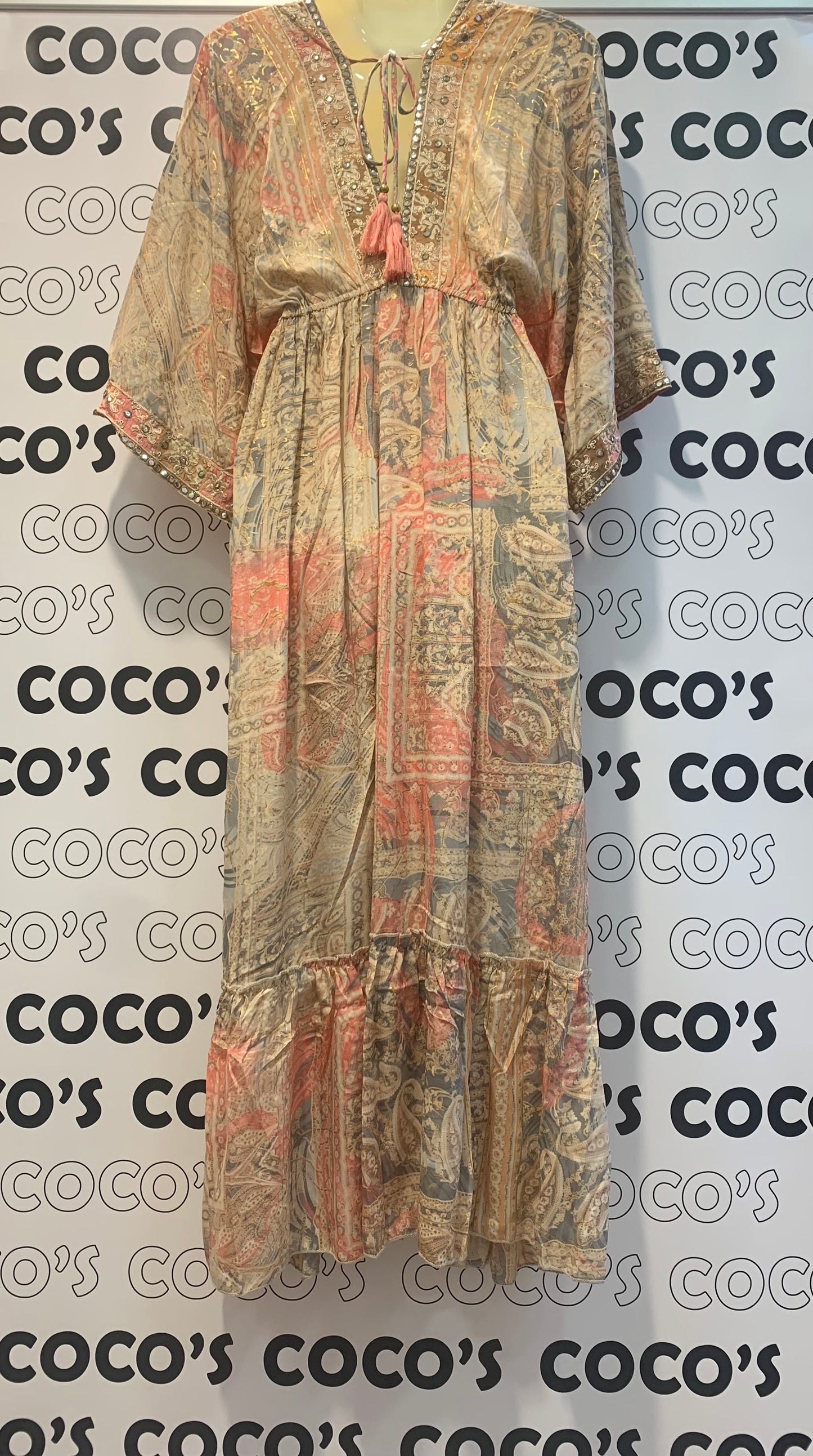 Vestido Largo Aviva Beige Y Rosa