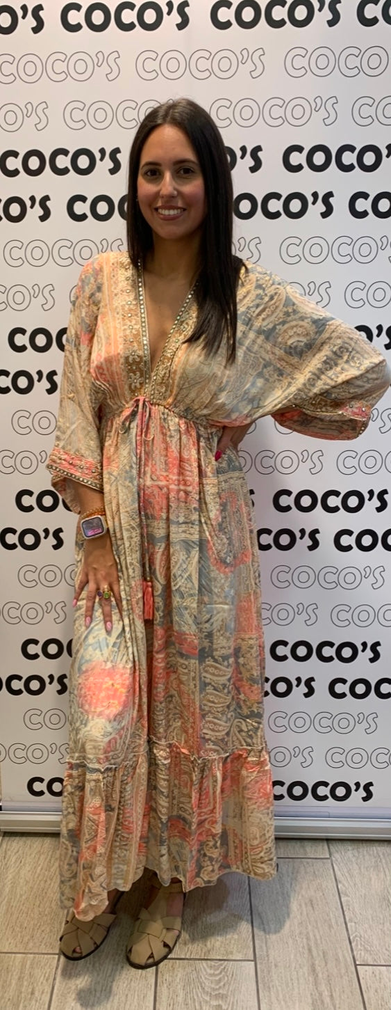 Vestido Largo Aviva Beige Y Rosa