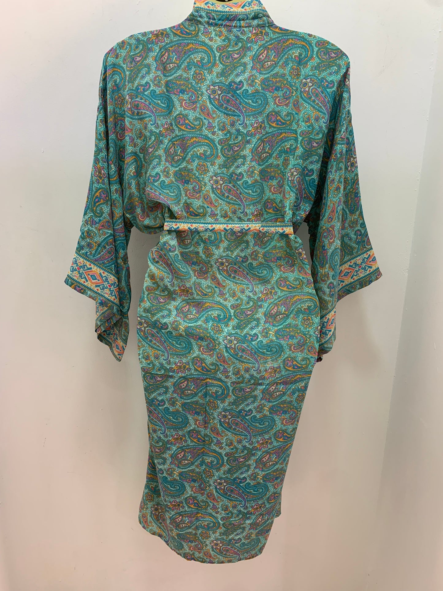 Kimono Largo Aguamarina Naranja y Rosa Cachemira