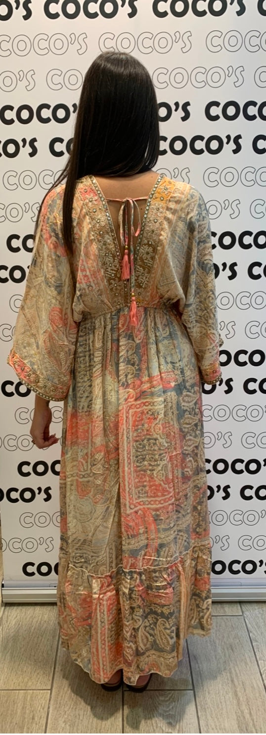 Vestido Largo Aviva Beige Y Rosa