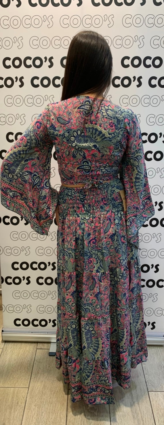 Conjunto Largo 029 Falda Rosa Con Flores Azules