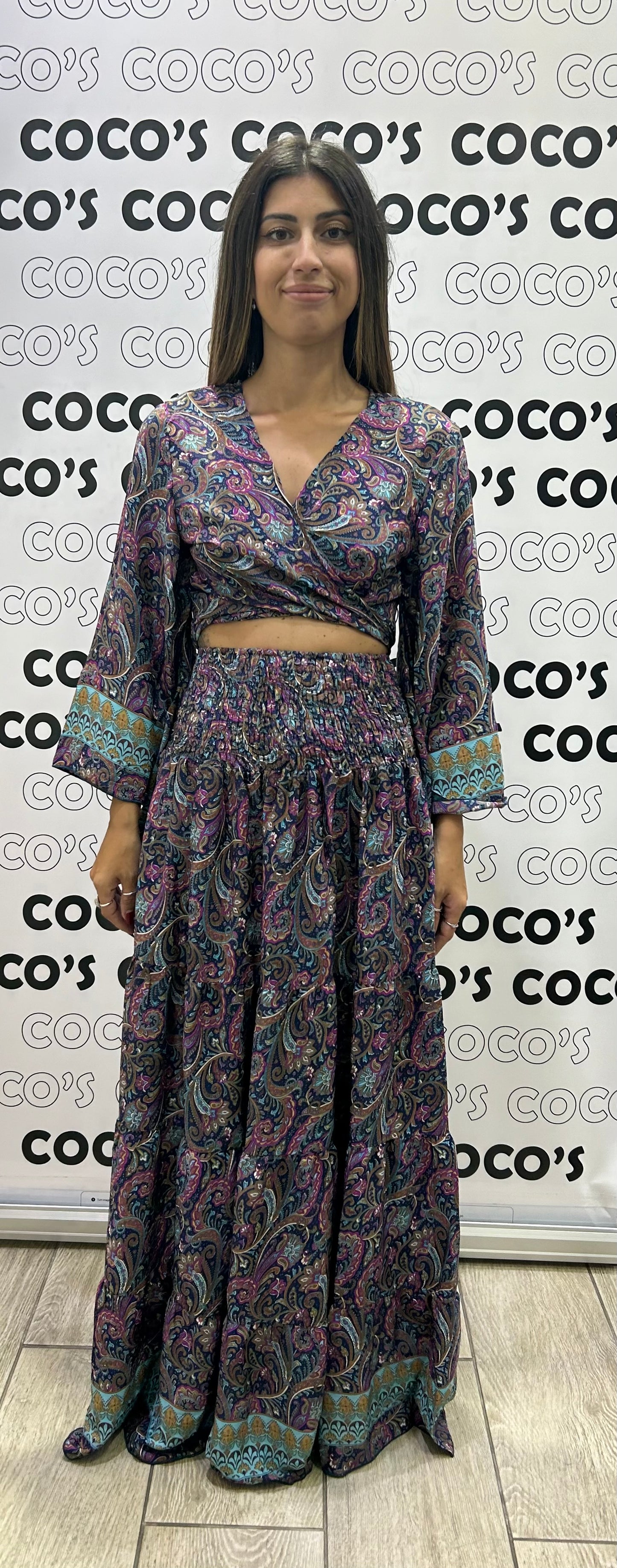 Conjunto Largo 029 Falda Azul Oscuro, Morado y Turquesa