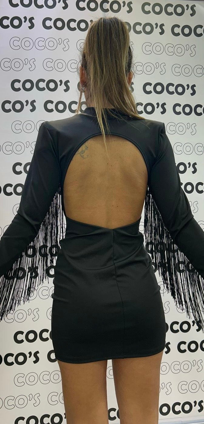 Vestido Corto Negro Manga Larga Flecos