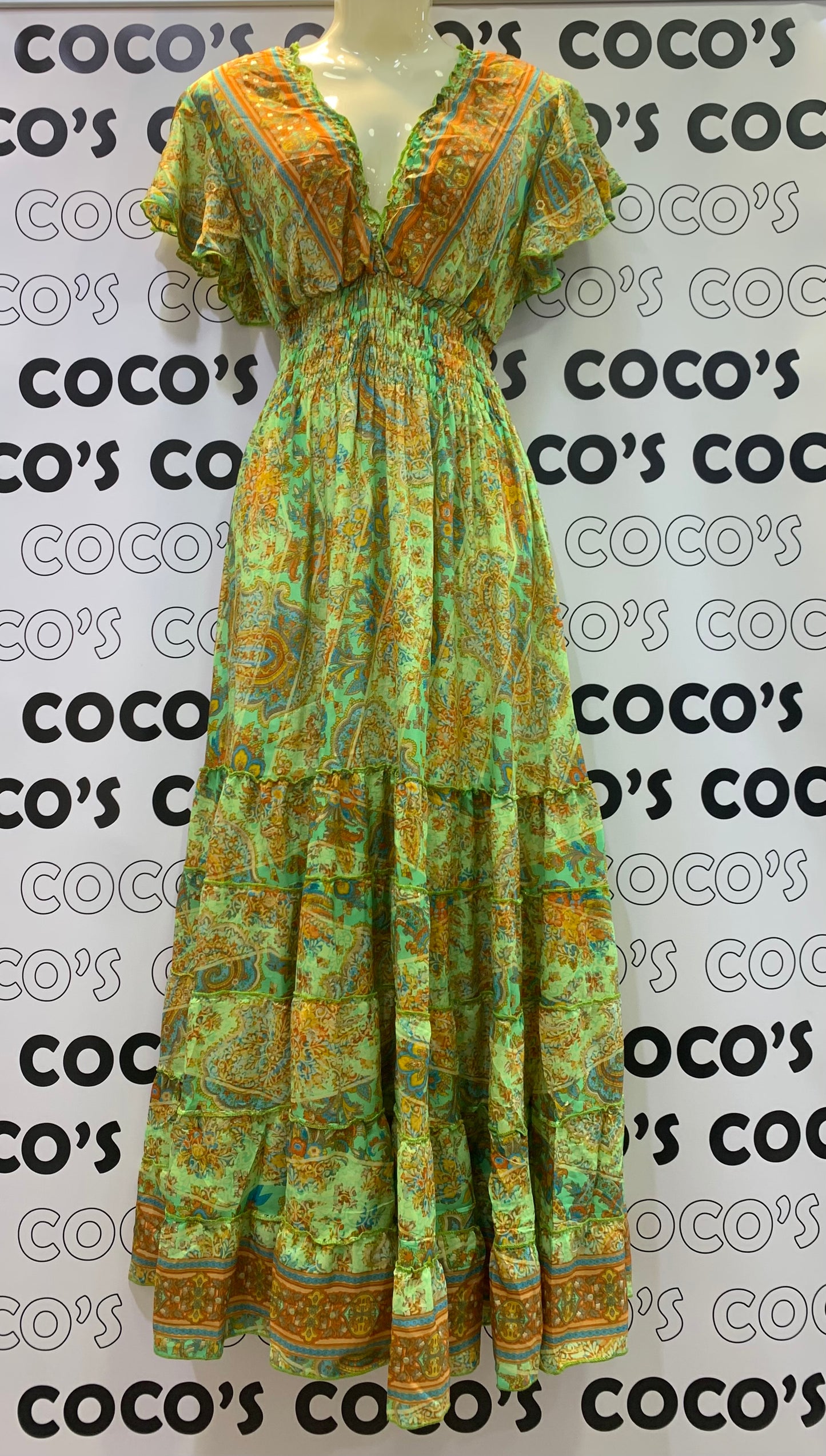 Vestido 1023A Verde Pistacho con Naranja Cachemira