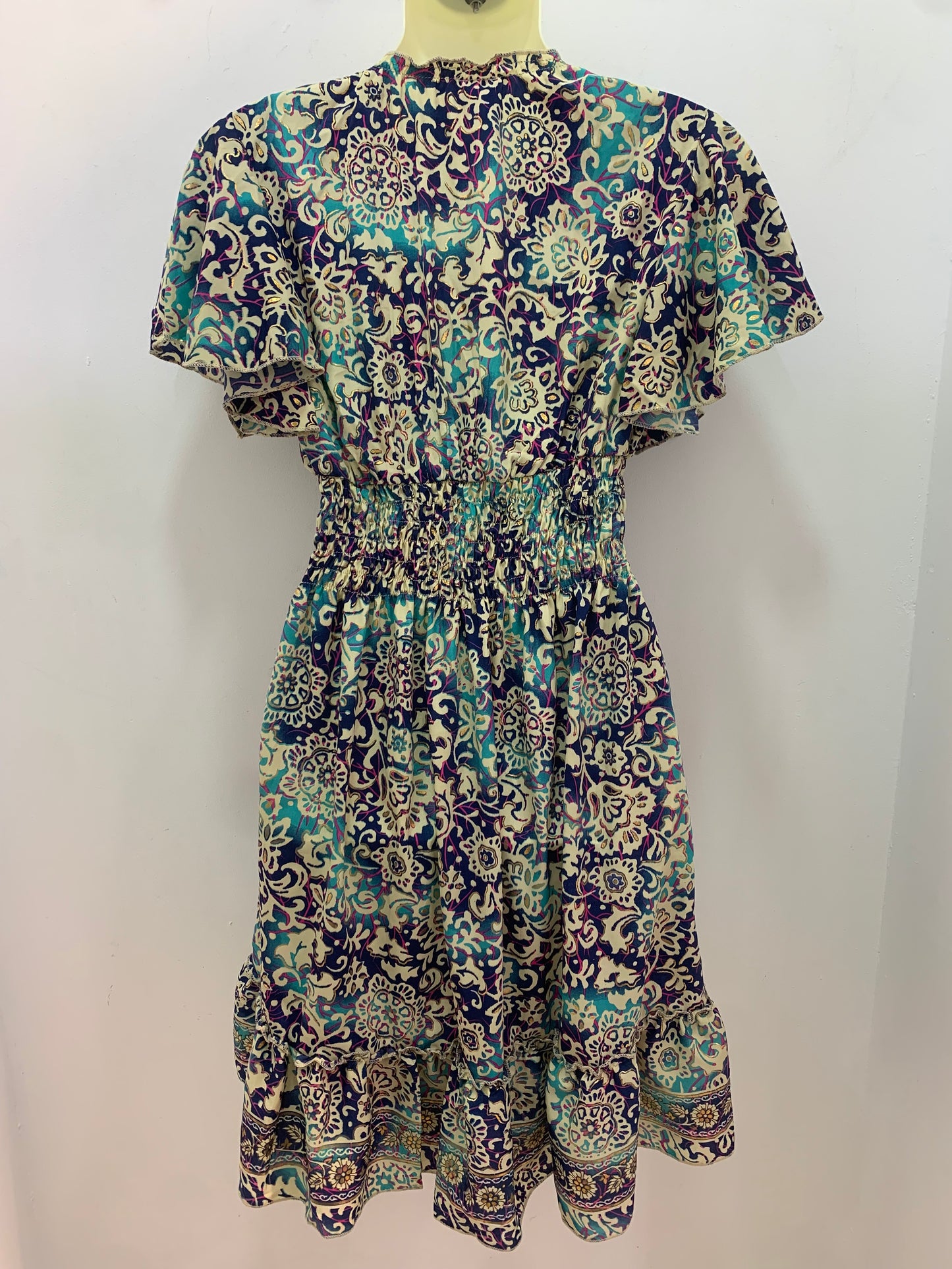 Vestido 1025 Turquesa Azul Oscuro Y Líneas Fucsia