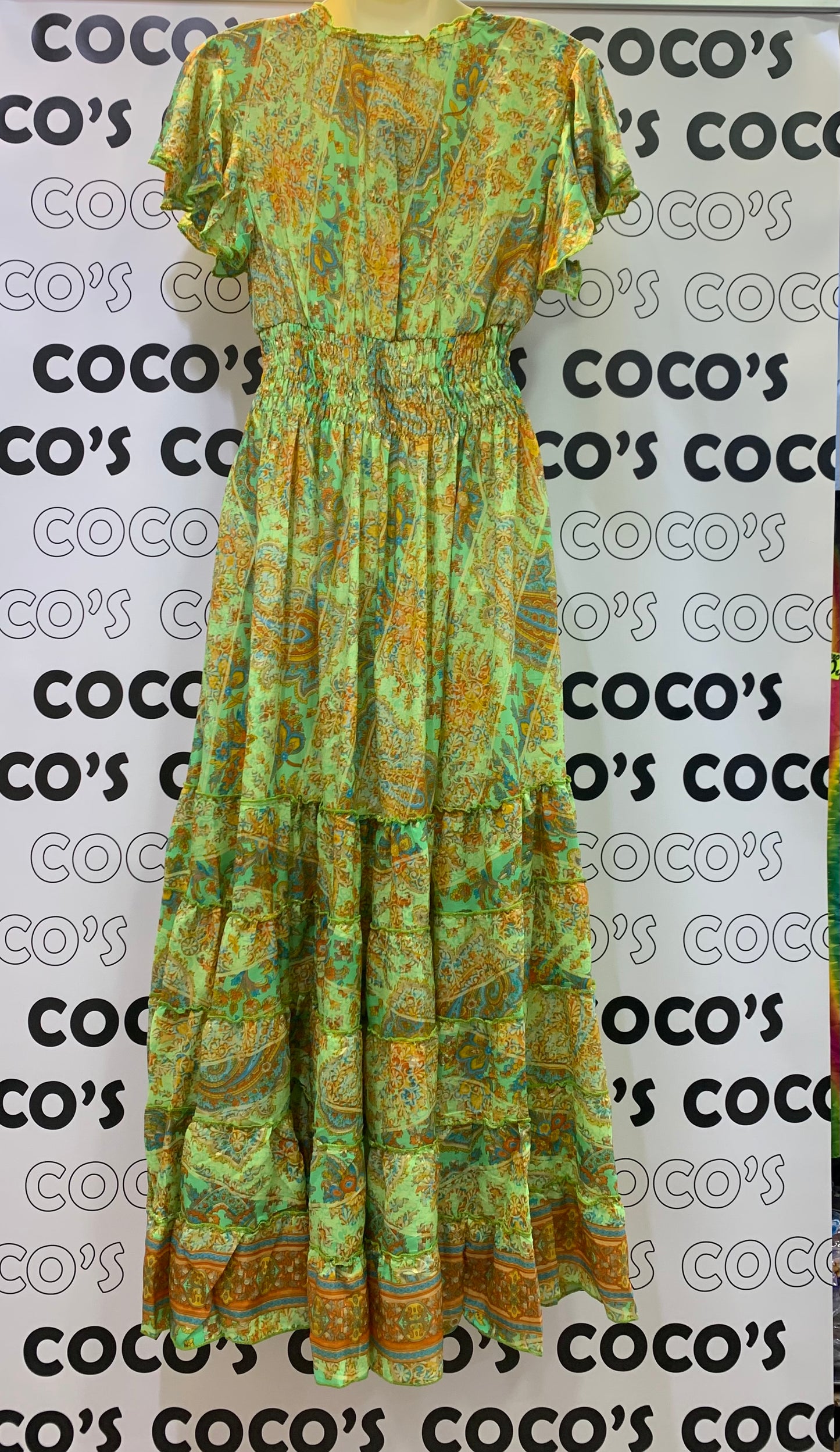 Vestido 1023A Verde Pistacho con Naranja Cachemira
