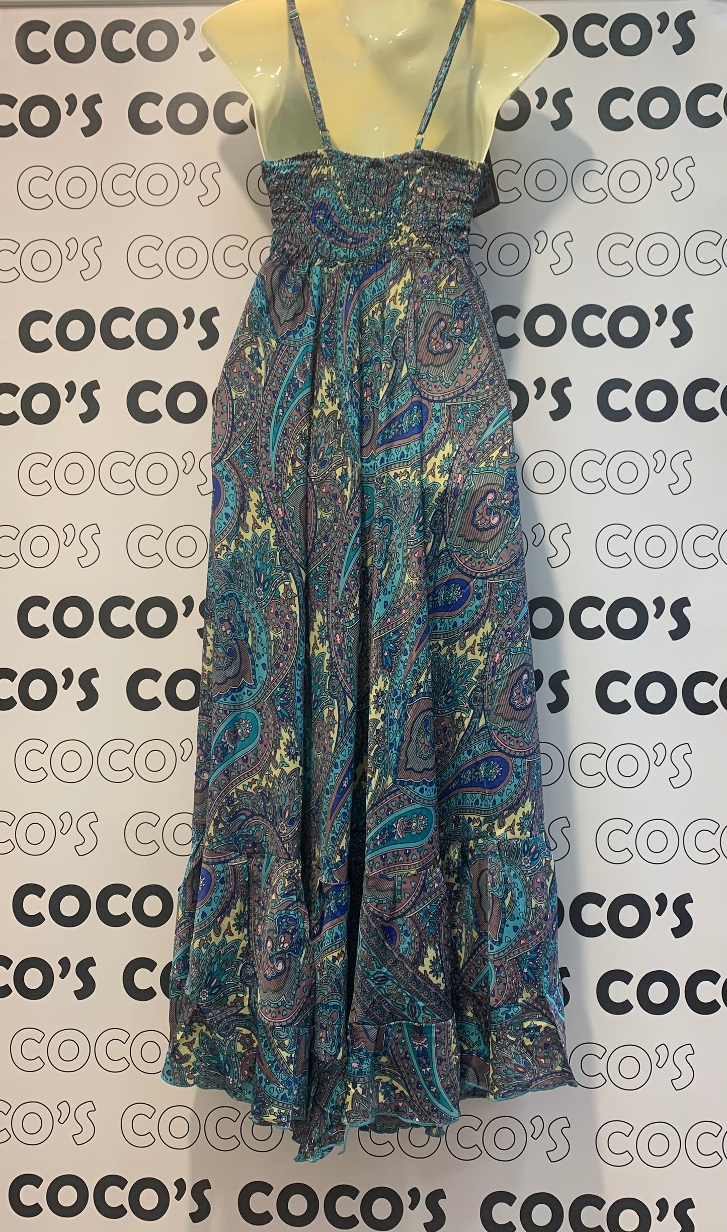 Vestido Largo 240K Turquesa, azul y rosa.