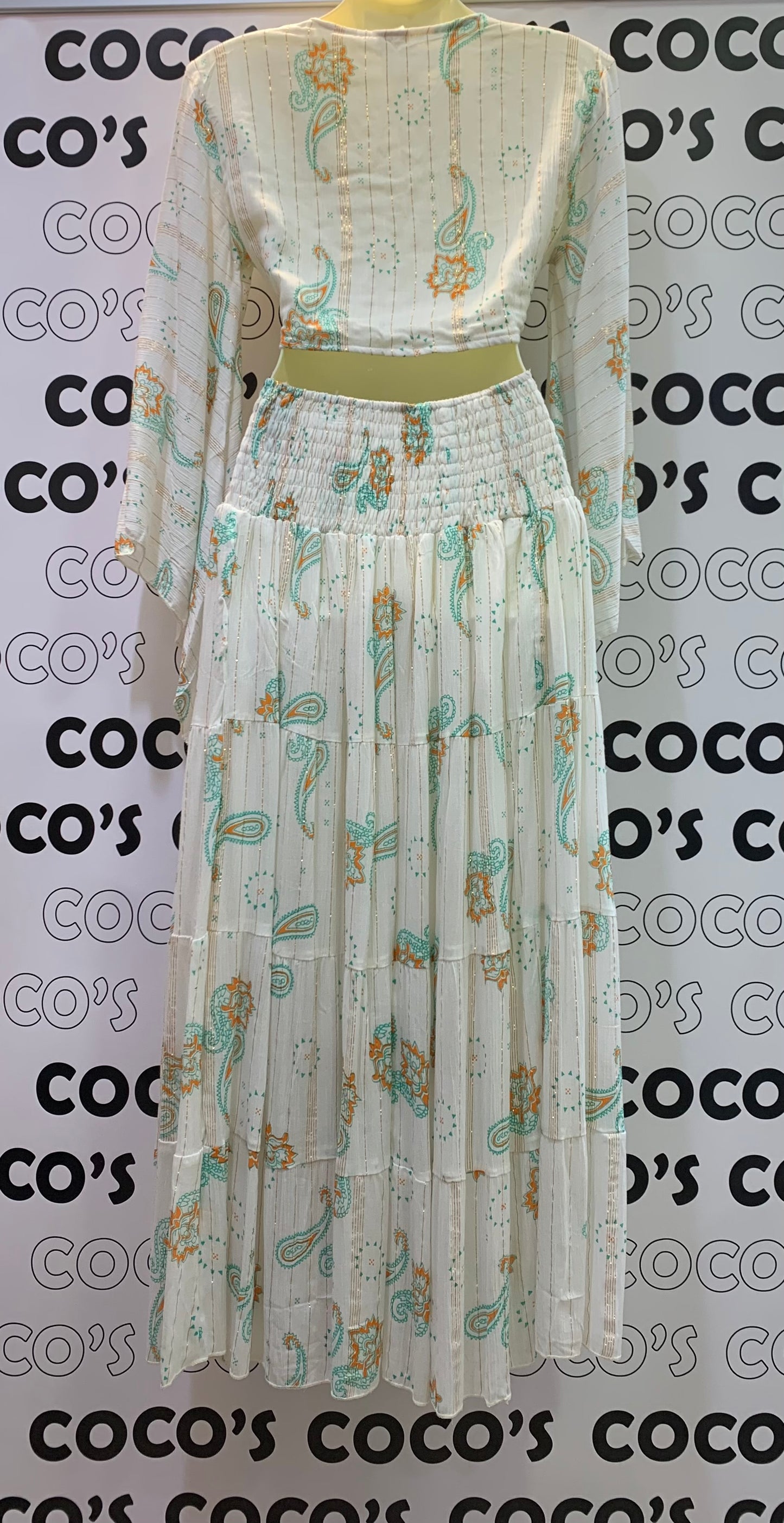 Conjunto Largo 029LU falda y top blanco estampado.
