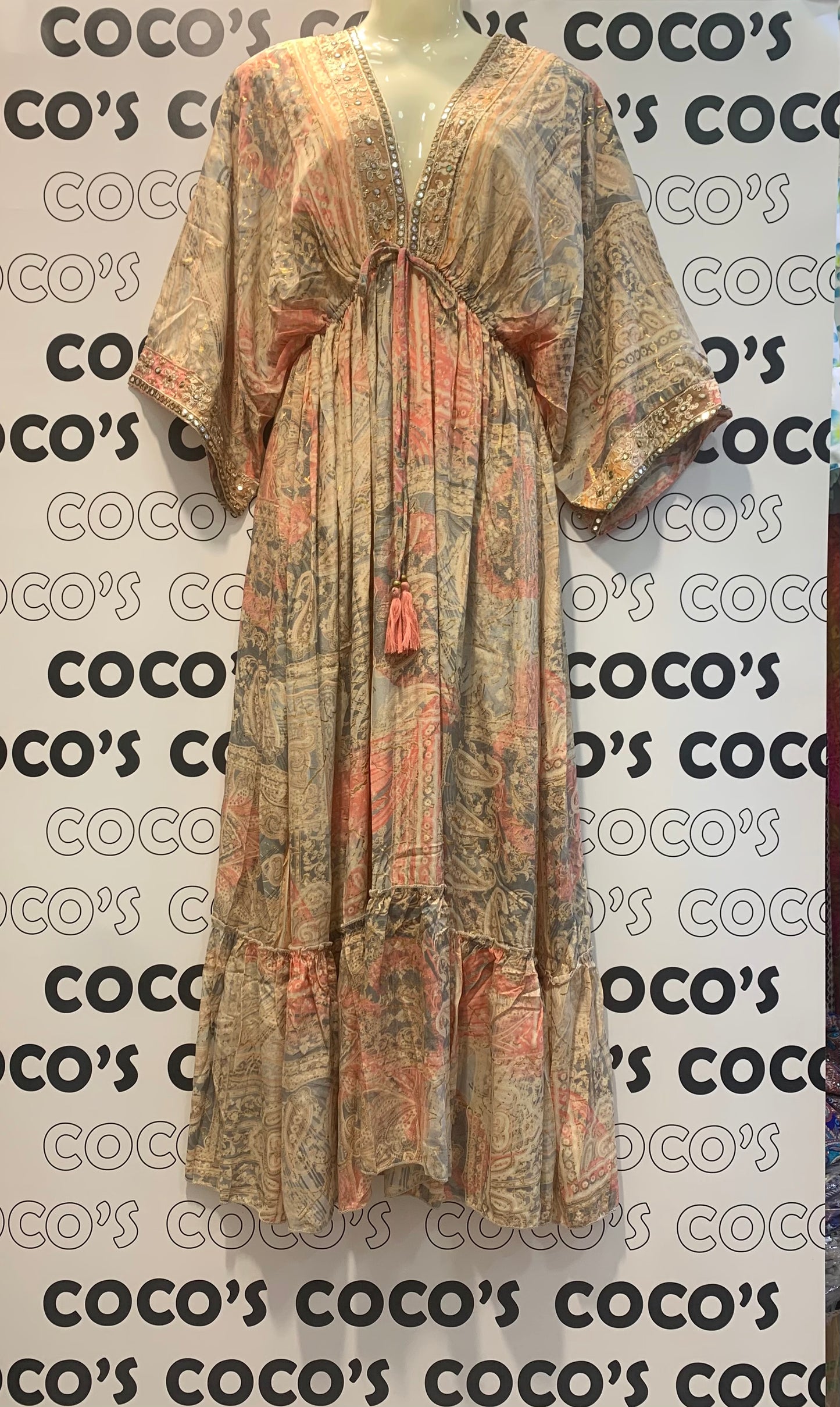 Vestido Largo Aviva Beige Y Rosa