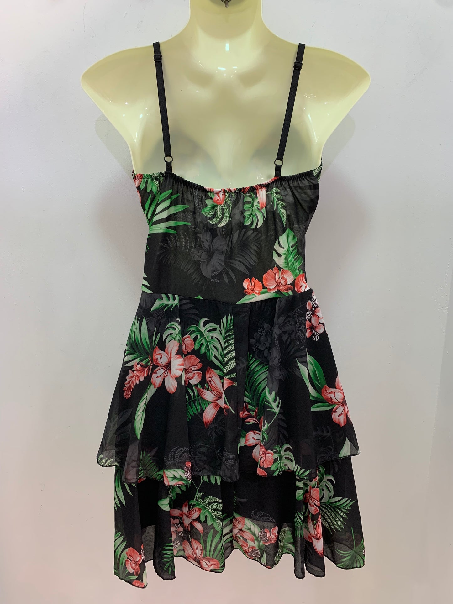 Vestido Flores Negro Verde Rojo