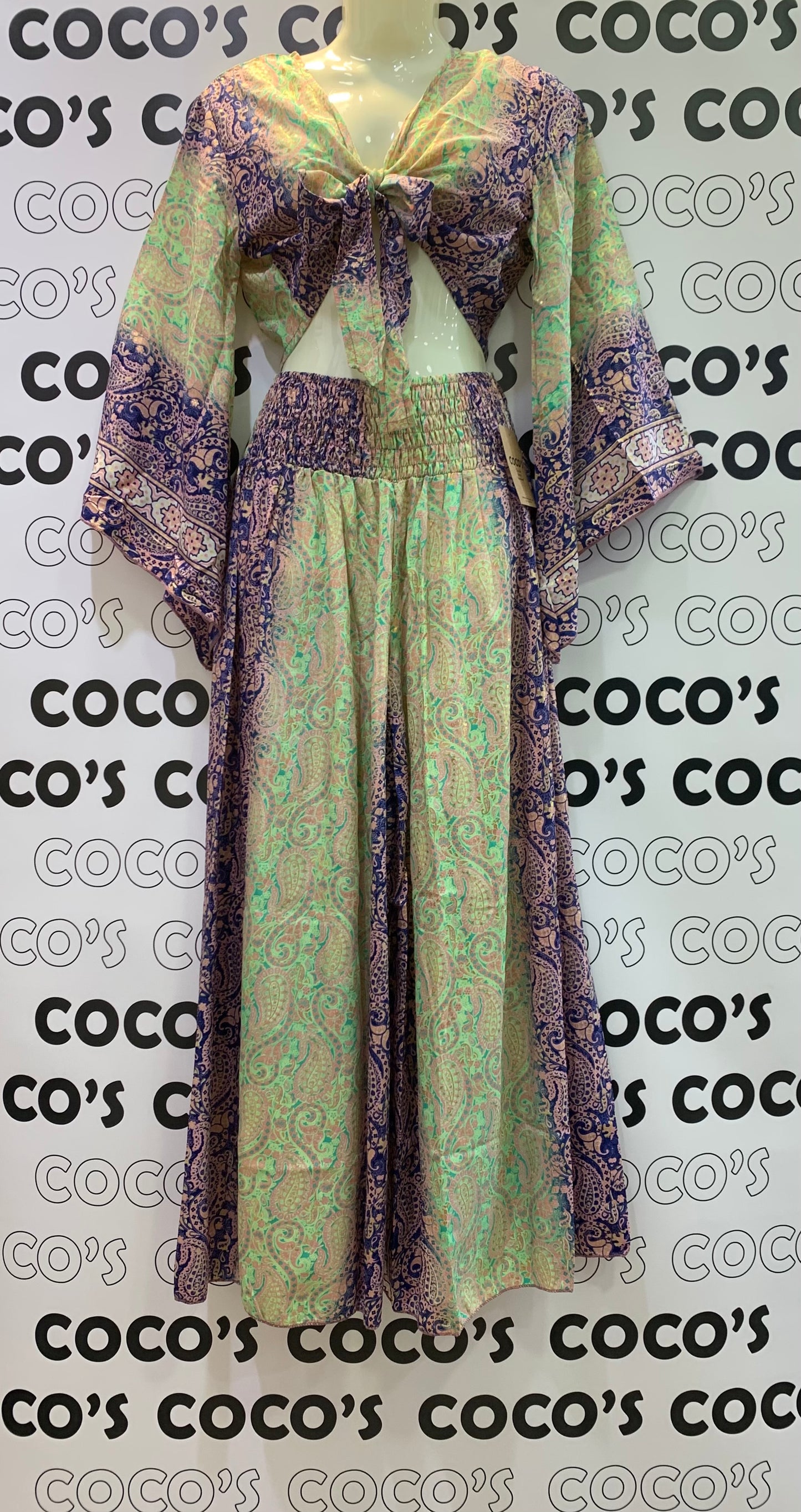 Conjunto 9020 de pantalón largo con top verde con azul y rosa