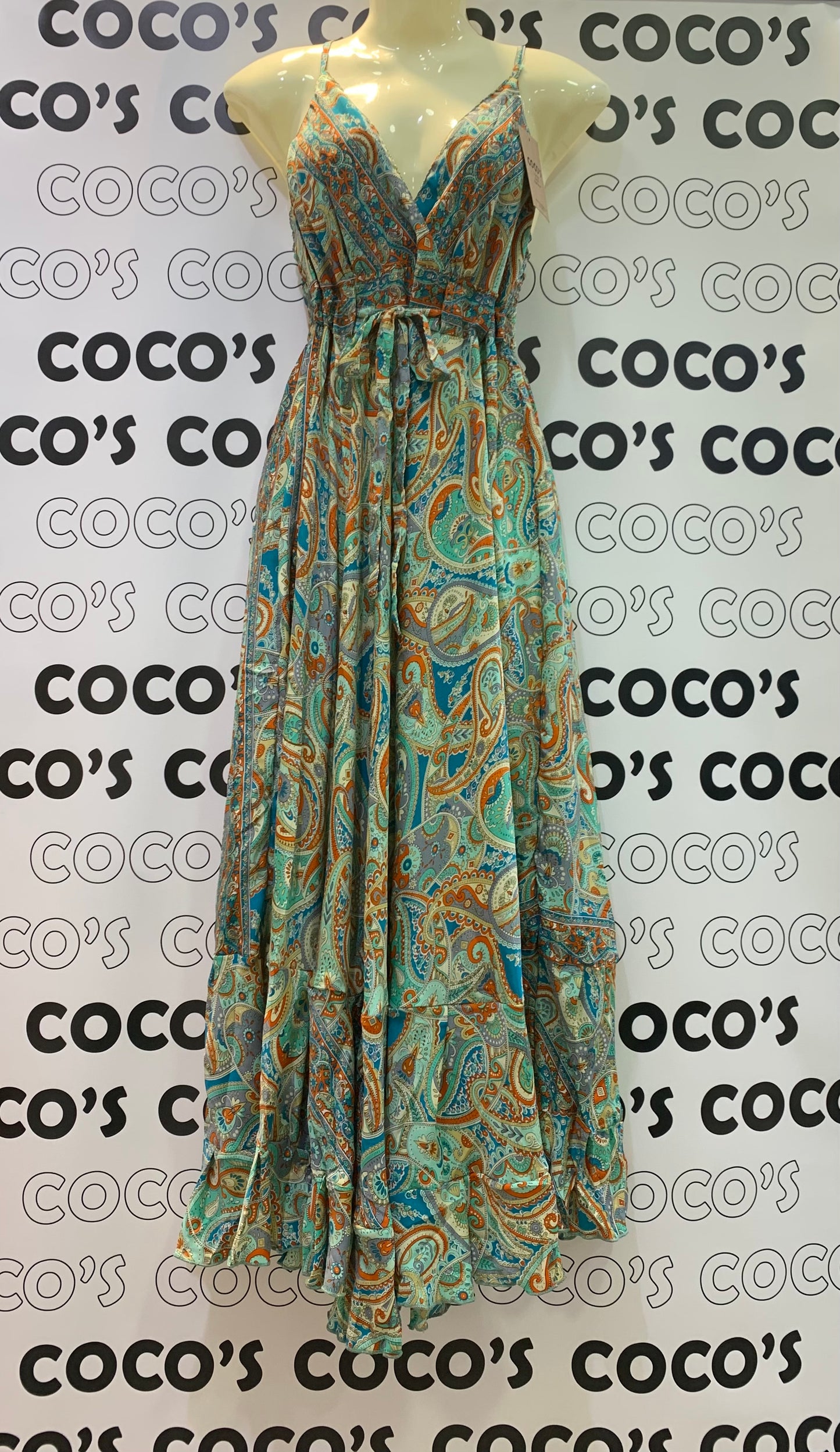 Vestido Largo 240K verde naranja cachemira.