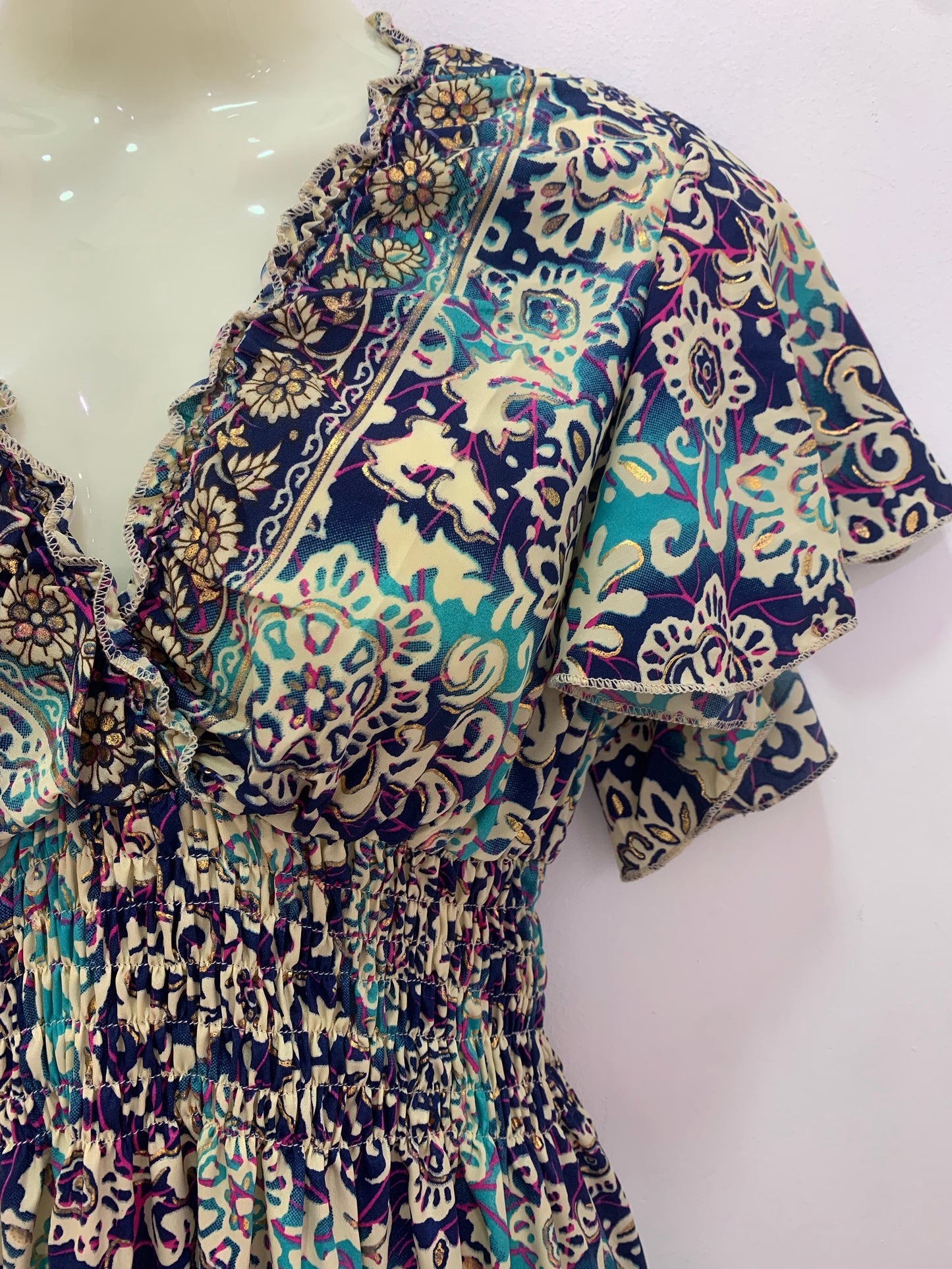 Vestido 1025 Turquesa Azul Oscuro Y Líneas Fucsia