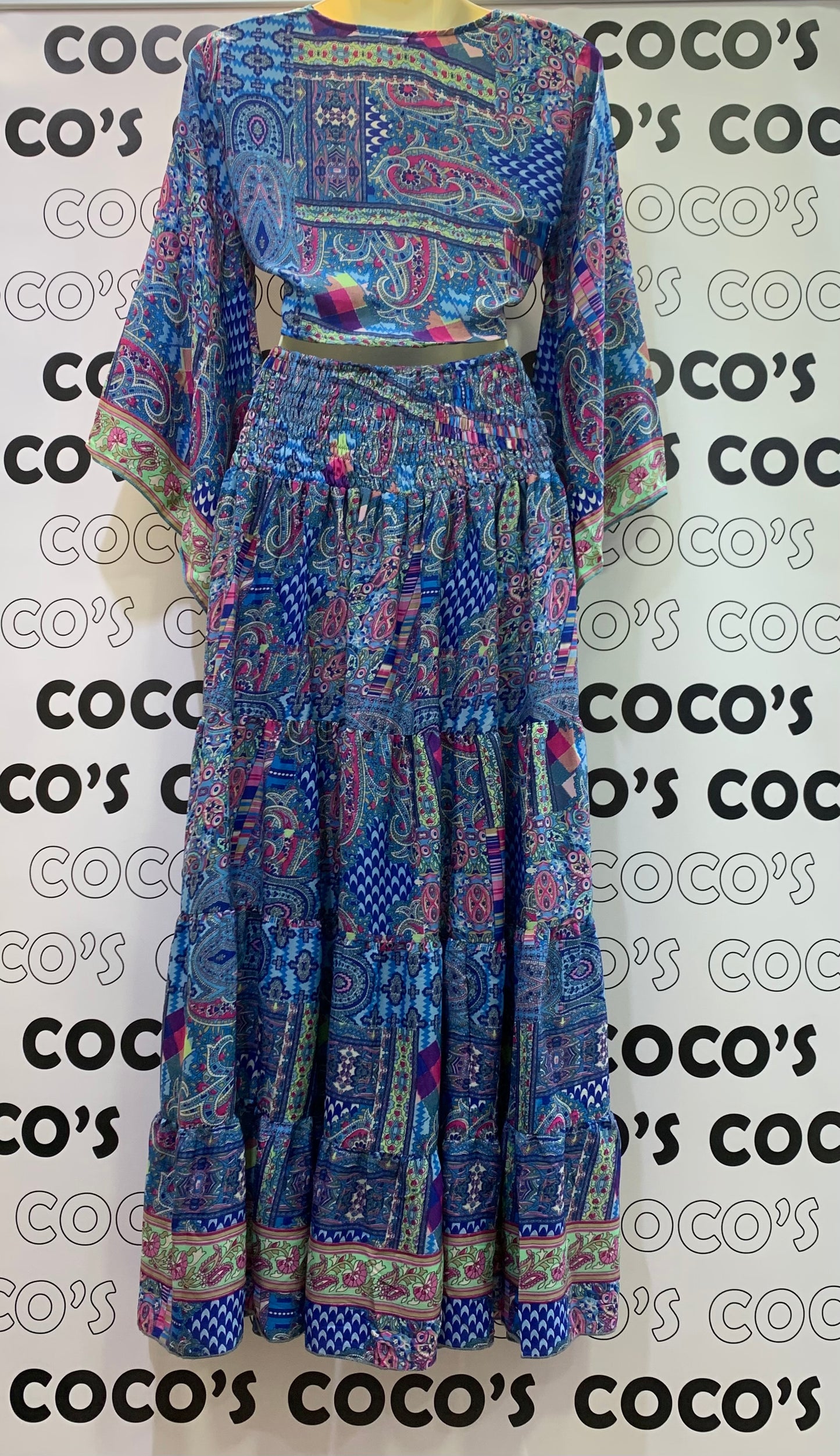 Conjunto Largo 029 falda  y top Azul con rosa