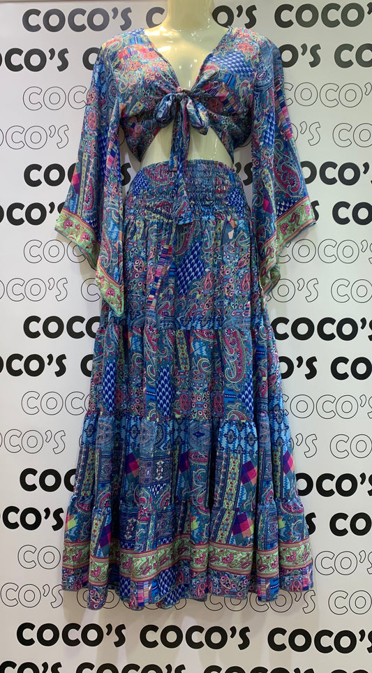 Conjunto Largo 029 falda  y top Azul con rosa