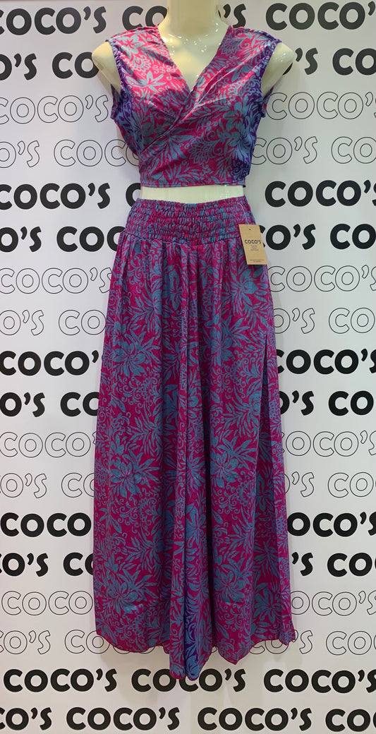 Conjunto 028 Pantalón Top Sin Mangas Fucsia Azul