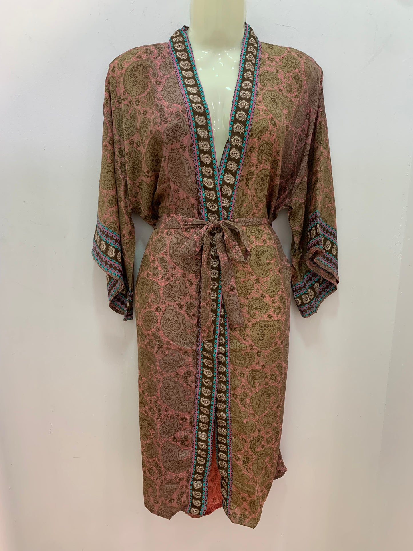Kimono Largo Aguamarina Rosa Beige y Turquesa Cachemira
