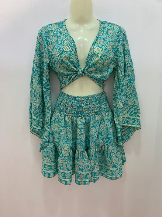 Conjunto Corto 026 Falda y Top Aguamarina Flores