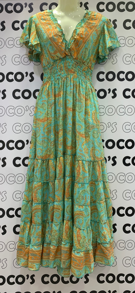 Vestido 1023A Verde Agua y Naranja Cachemira