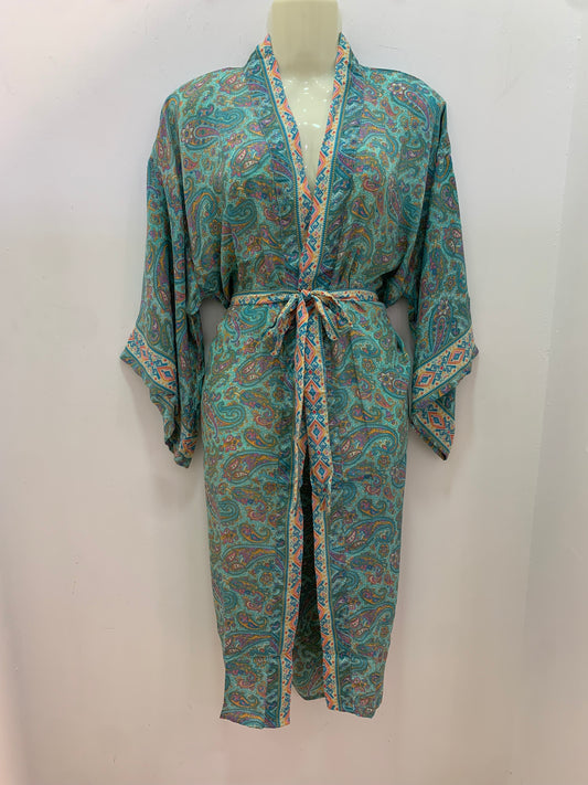 Kimono Largo Aguamarina Naranja y Rosa Cachemira