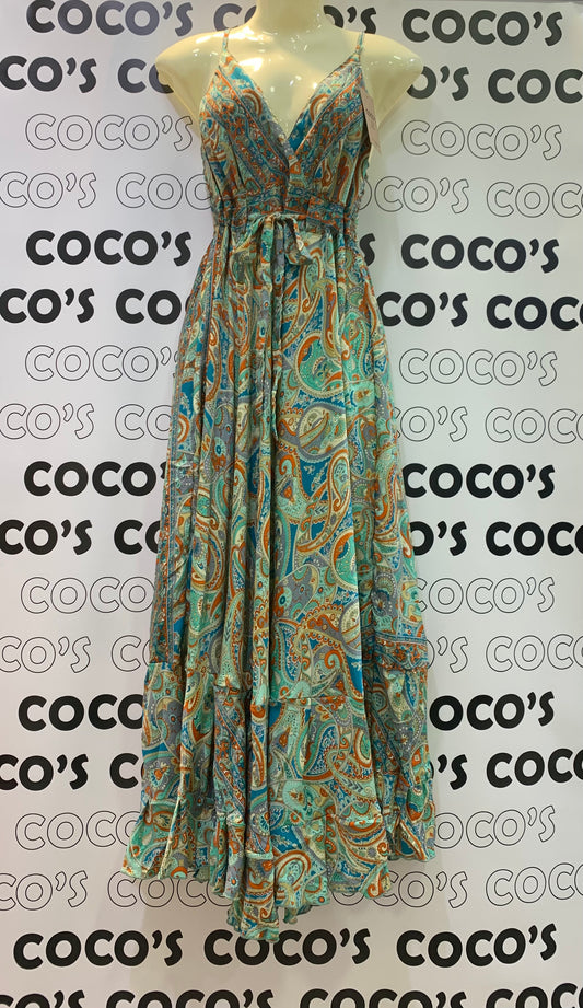 Vestido Largo 240K verde naranja cachemira.
