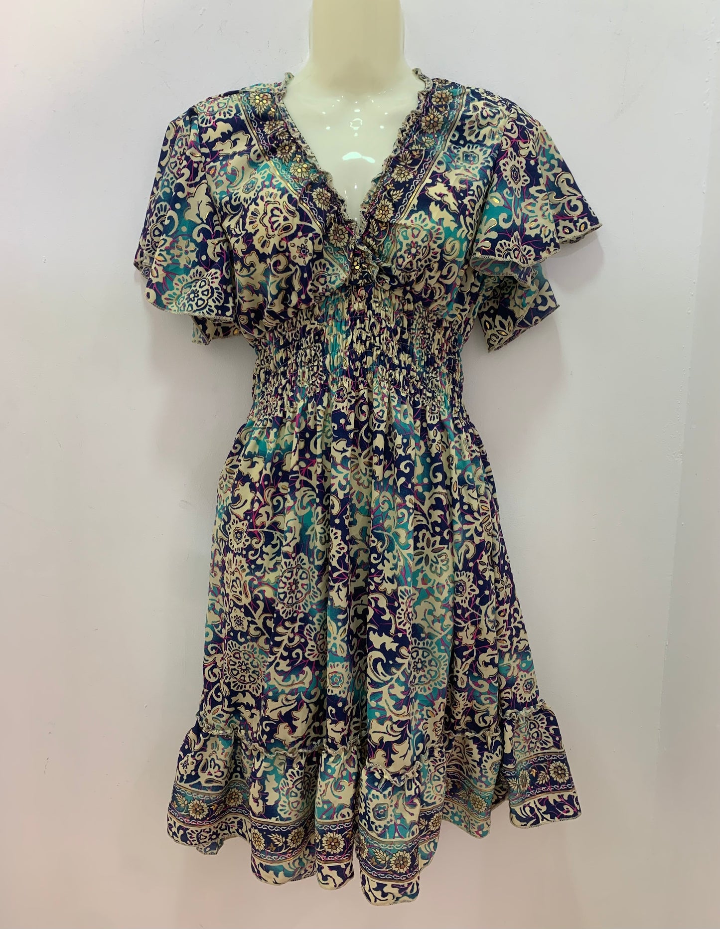 Vestido 1025 Turquesa Azul Oscuro Y Líneas Fucsia