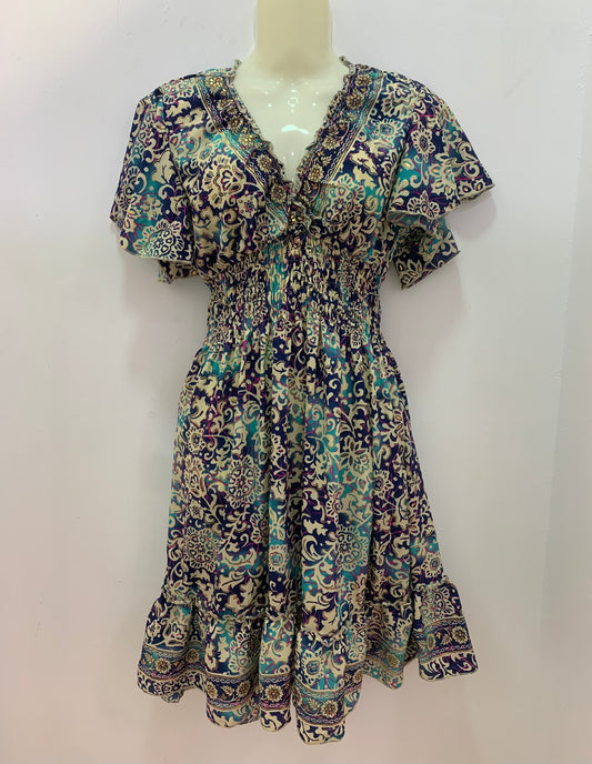 Vestido 1025 Turquesa Azul Oscuro Y Líneas Fucsia